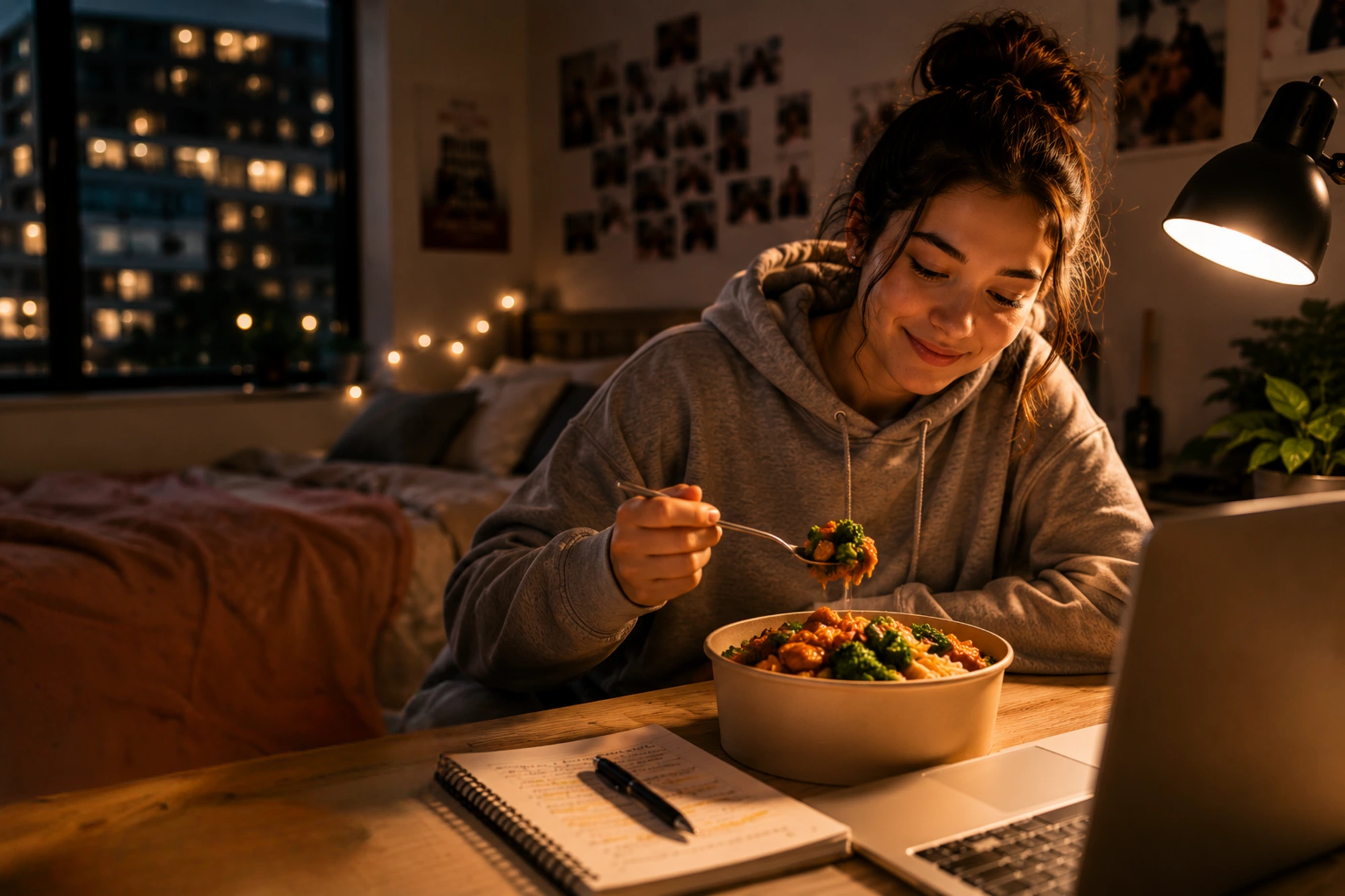 Student enjoying a fresh restaurant meal in their accommodation