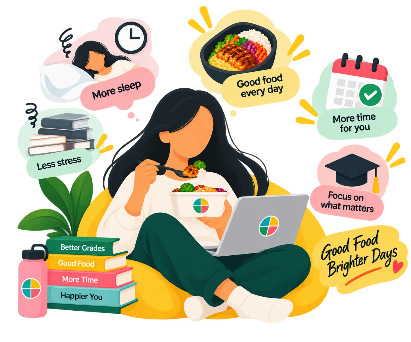 A student enjoying a fresh meal with more time for everyday life