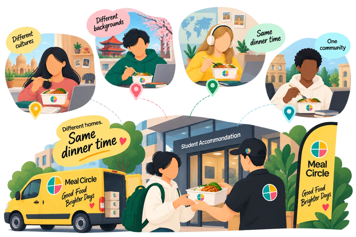 Students connected by a shared dinner delivery at their accommodation building