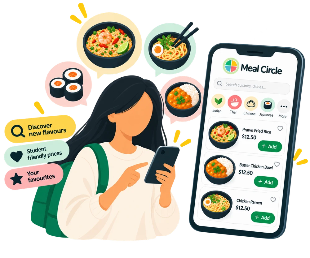 Student exploring different cuisines on their phone; illustrated example menu, not final pricing